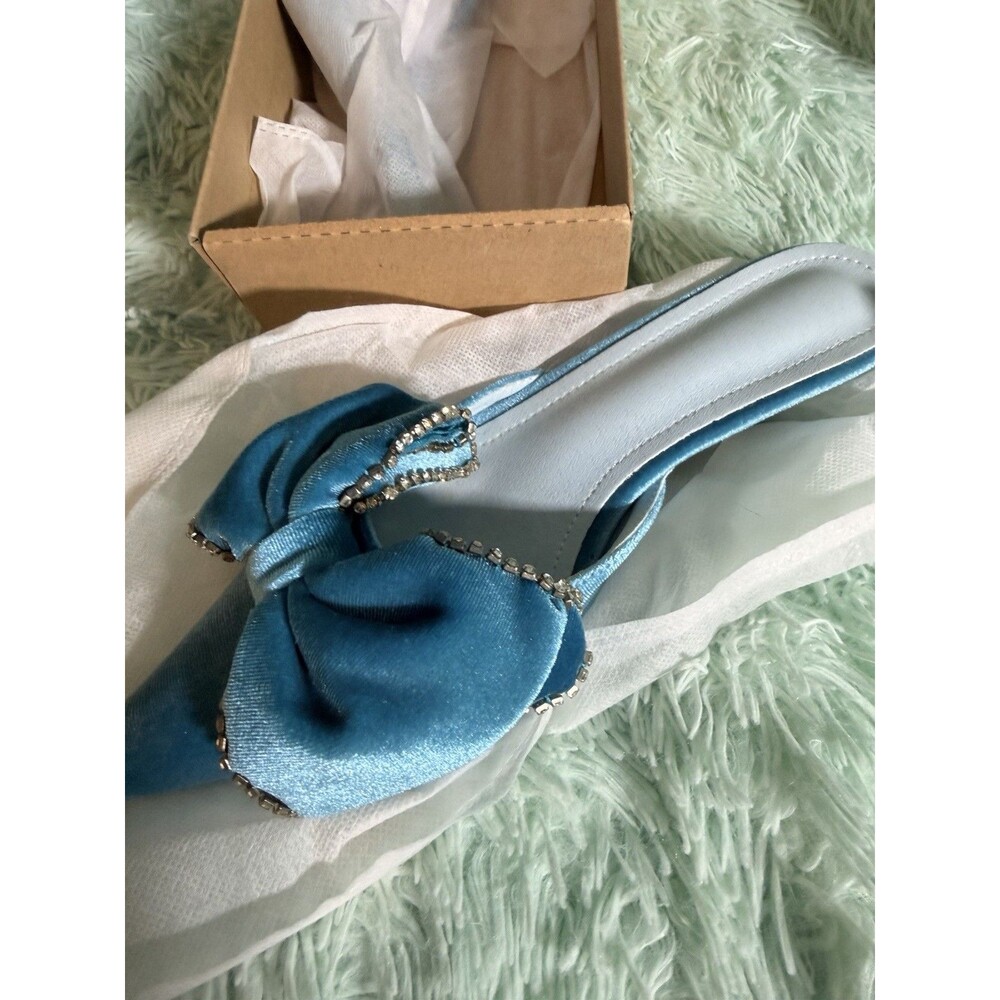 Blue Velvet Kitten Heel Rhinestone Bow Women's Sz. EU 40 Slip On Pointed Toe EUC